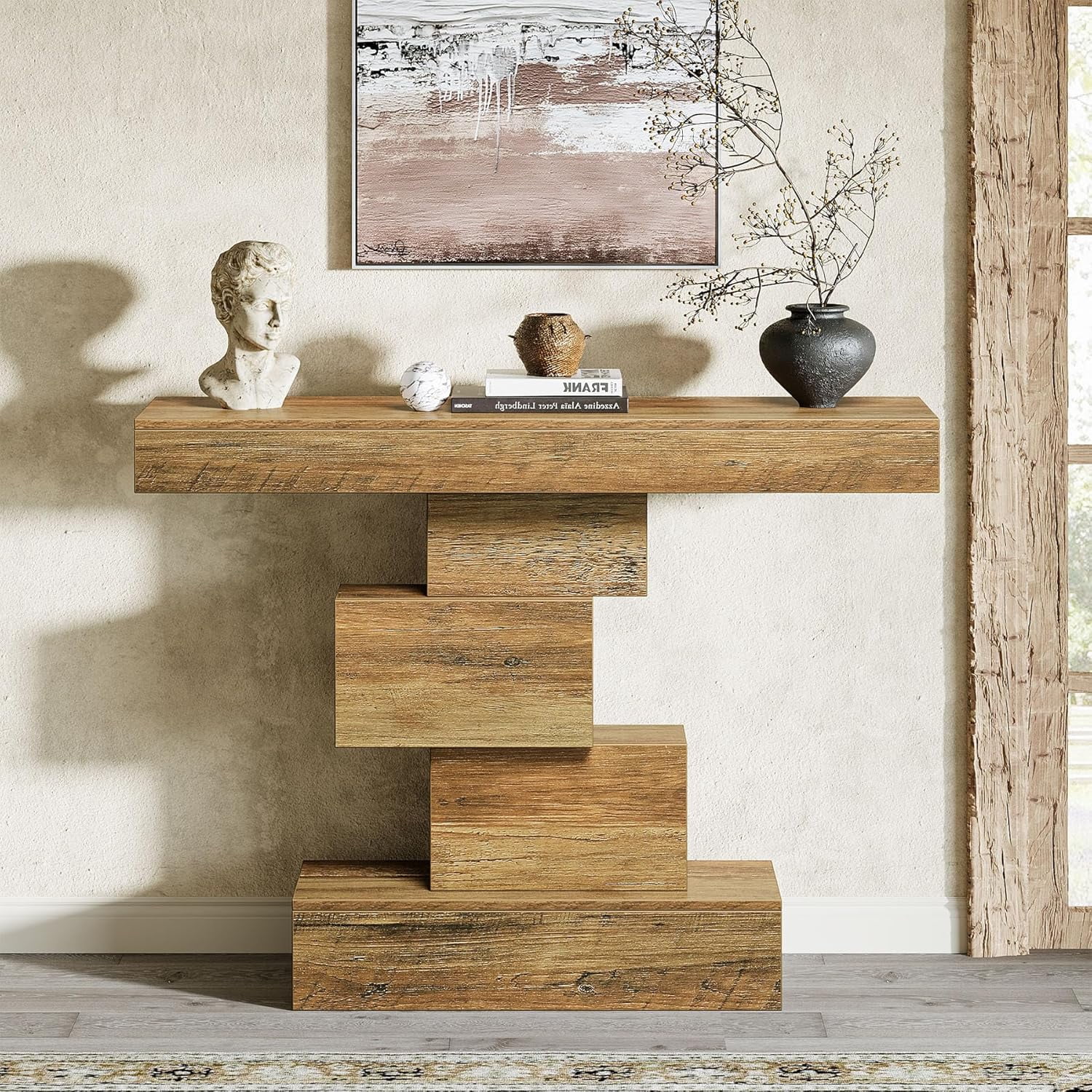 Finmind 42.5" Farmhouse Console Table, Wood Sofa Table for Living Room, Light Brown