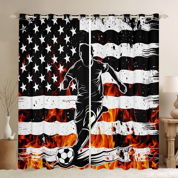 Erosebridal Soccer Gamer Flame Black Out Curtains for Boys,Vintage USA Flag Curtains Pack of 2 (42x63 Each) for Kids Teens,Breathable Home Decor