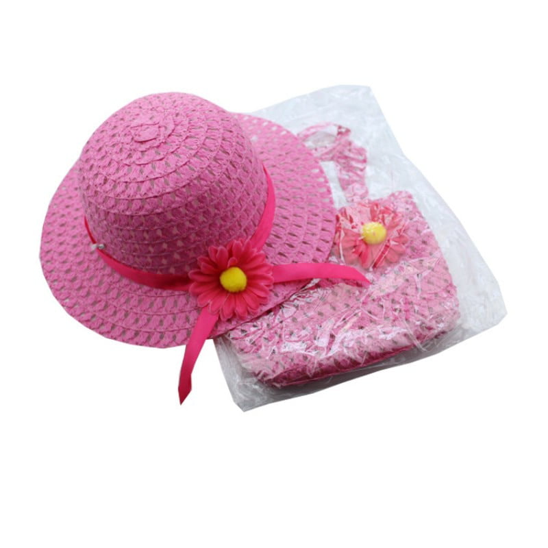 Cute Girls Kids Beach Summer Sun Hats Bags Flower Straw Hat Cap Handbag  Suit