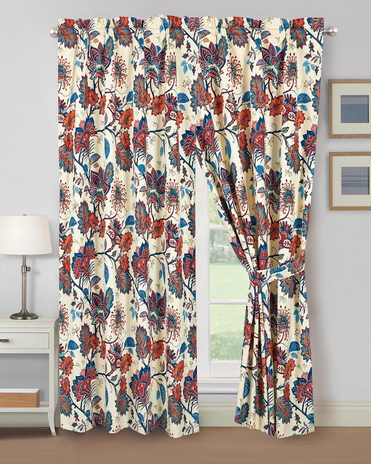 Chezmoi Collection 4-Piece Paradise Floral Window Curtain Set with Sheer Backing, Multicolor Blue Red Orange Cream Printed Microfiber, 120 inch x 84 inch