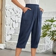 thumbnail image 4 of Mrat Capris Pants for Women Elastic Waist Cotton Linen Straight Wide Leg Drawstring Trousers Wide Leg Loose Workout Hiking Cropped Pants Trousers with Pockets Navy XXXL, 4 of 9