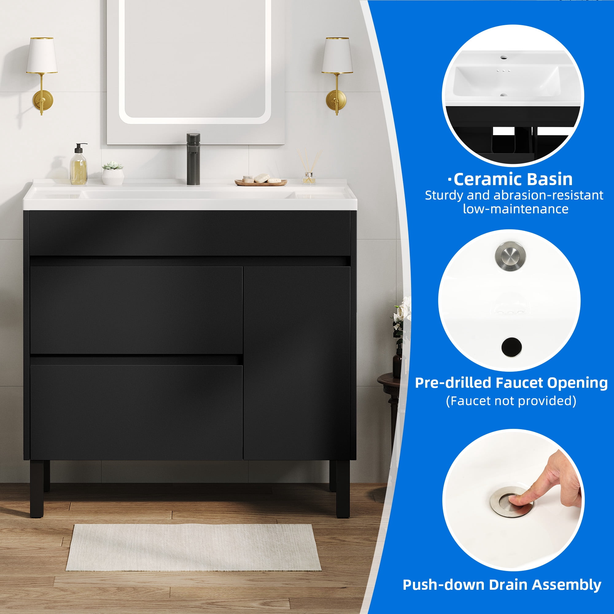 Dextrus 36 Inch Bathroom Vanity with Undermount Sink, Free Standing Bathroom Storage Cabinet with Drain, Black