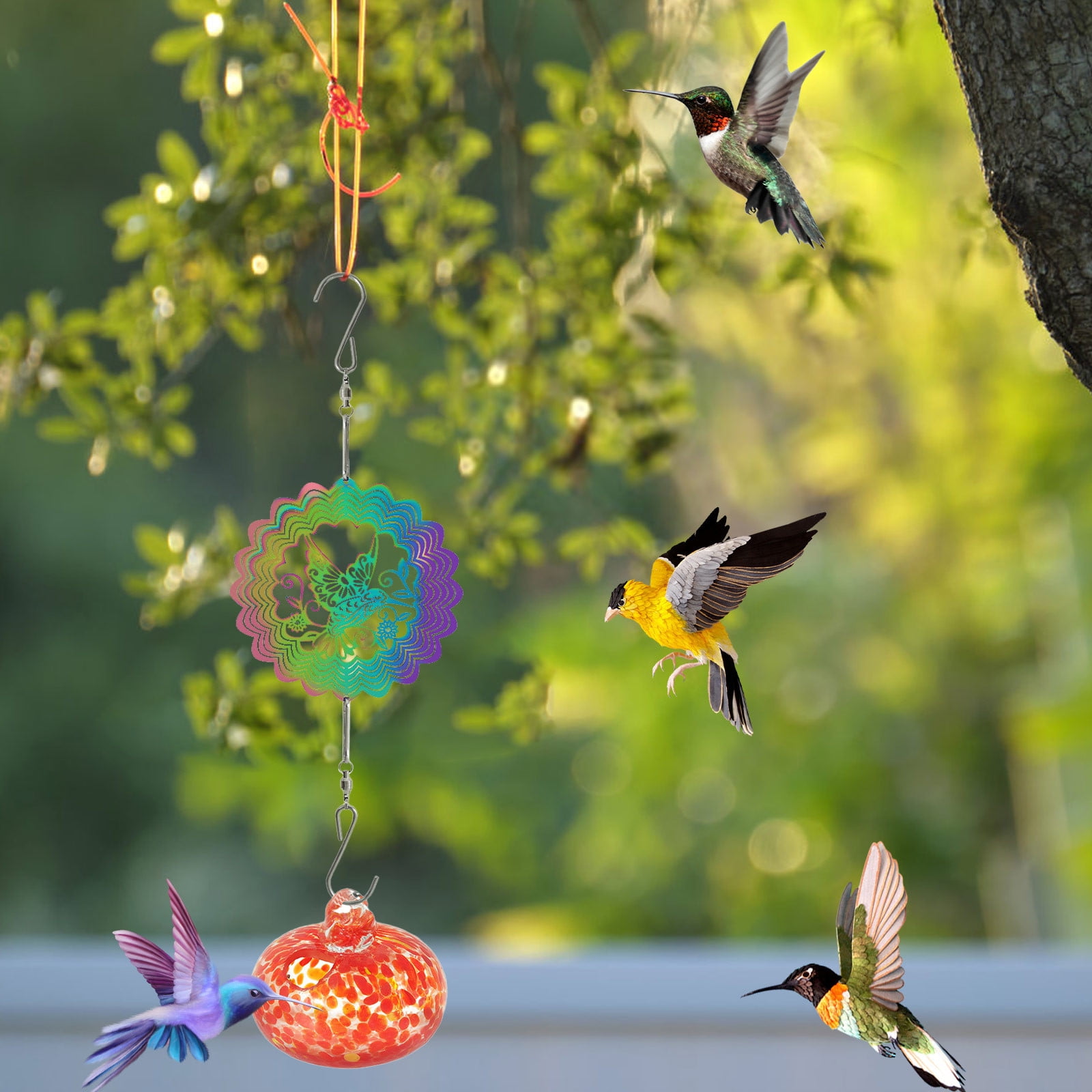 Painted Hummingbird Shaped Feeder Wind Chime, Outdoor Pendant Sunlight Refractor, Hanging Bird Feeder for Garden Patio, Colorful Hummingbird Feeder with Hook