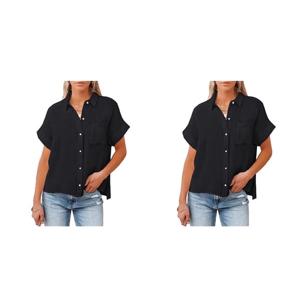 Blusa Qarigey de algodón de manga corta para mujer camisa informal vacaciones en la playa compras ropa de moda Top de verano Negro S 2Conjunto