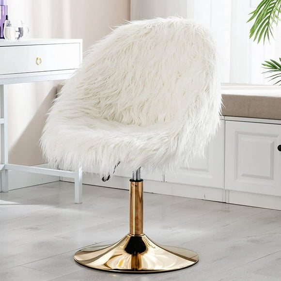 Modern Long Faux Fur Vanity Chair, Elegant 360 Degrees Swivel Makeup Desk Chair with Golden Round Base Height Adjustable Fluffy Home Office Chair for Study Room Dorm Room, White