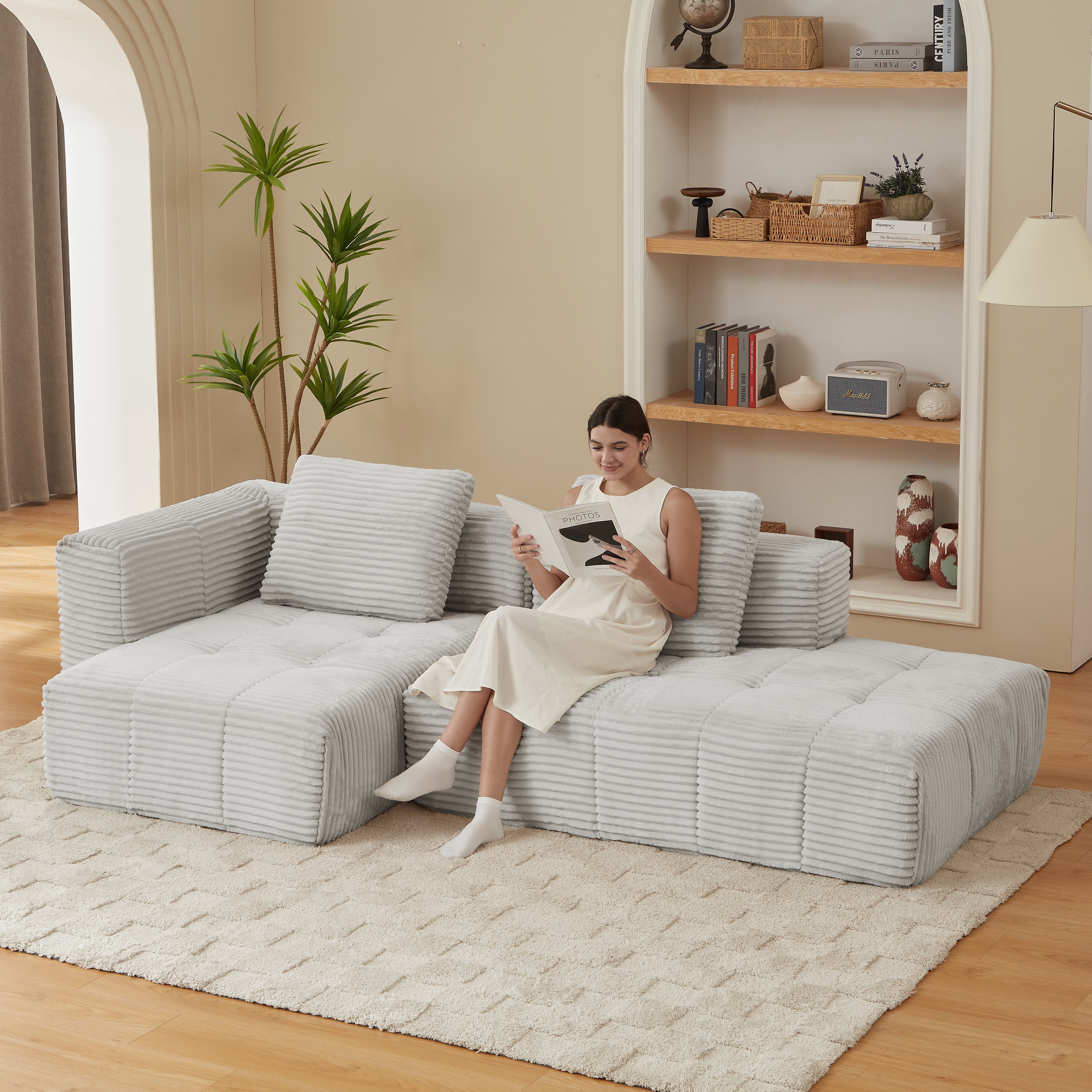 MAYEERTY Corduroy L-Shape Cloud Sectional Chaise Lounge Sofa, Minimalist Modular Couches for Living Room,107*57*33"Light Grey