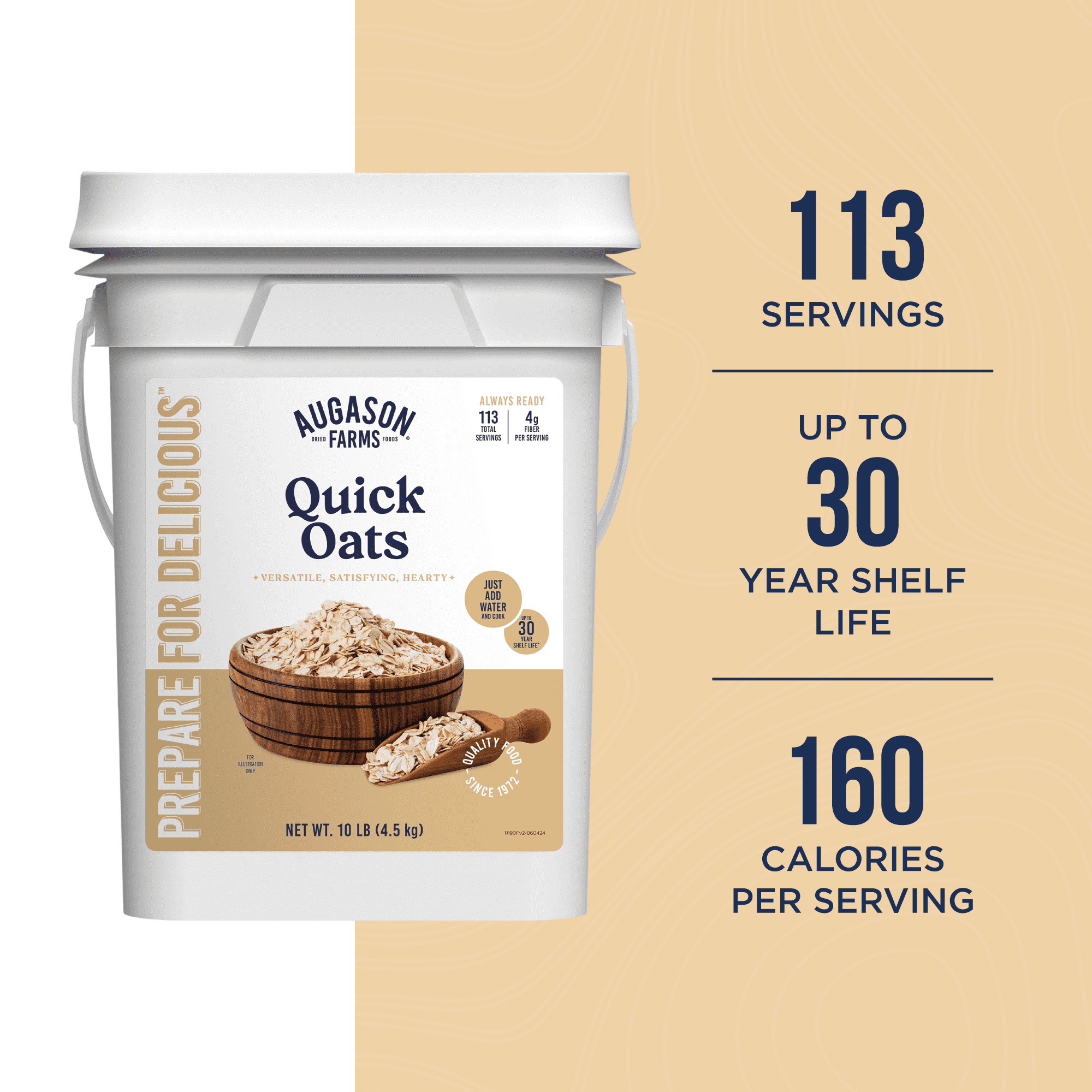Quick Oats Emergency Food Supply, 113 Servings, 30 Year Shelf Life, 4 Grams of Fiber per Serving - Dehydrated Meals, Survival Food Camping Essentials, 4 Gallon Bucket, Just Add Water