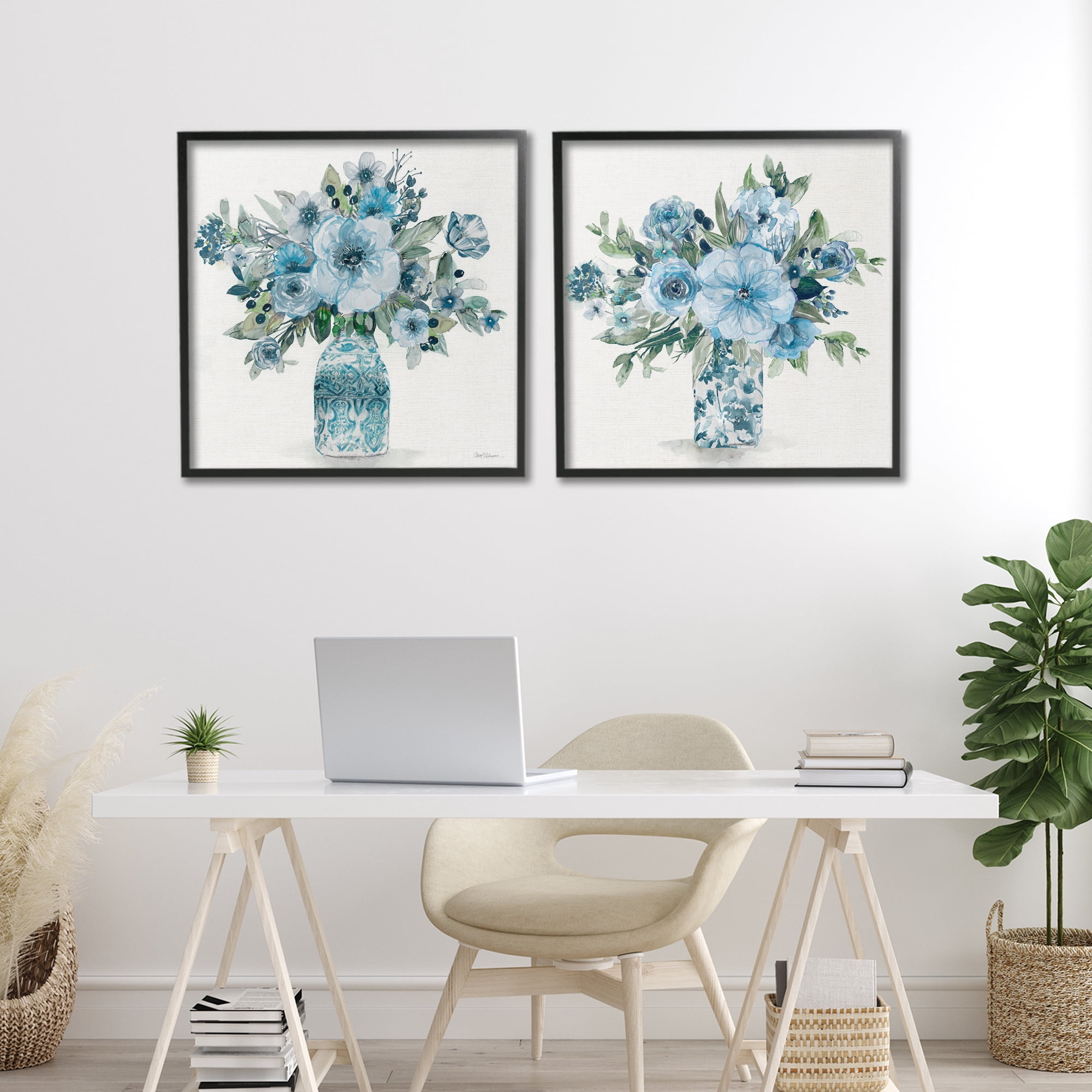 Stupell Industries Pastel Blue Floral Vase Arrangements 2 Piece Black Framed Giclee Art Set, design by Carol Robinson