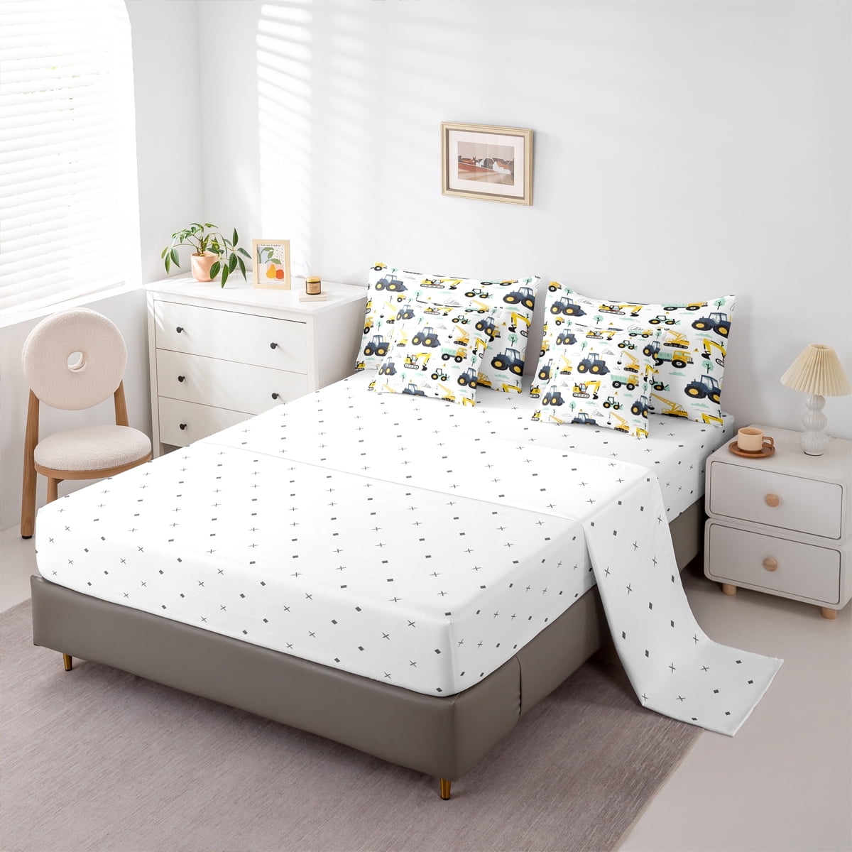 Homewish Crane Bulldozer Excavator 7pcs Bedding Comforter Set,Equipped Truck Queen Bedding Sets,White Yellow Queen Sheet Sets,Microfiber Bedroom Decor