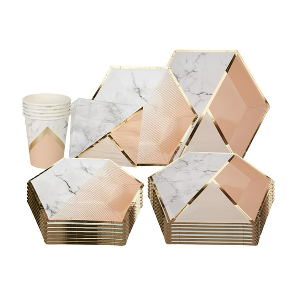 Juego de vajilla desechable para 8 invitados Patrón de mármol Vajilla de papel desechable Platos hex Meterk Rosa