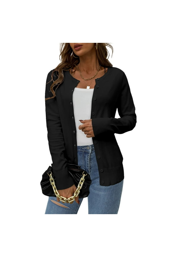 Women's Button Down Crew Neck Long Sleeve Soft Knit Cardigan Sweaters S-2XL