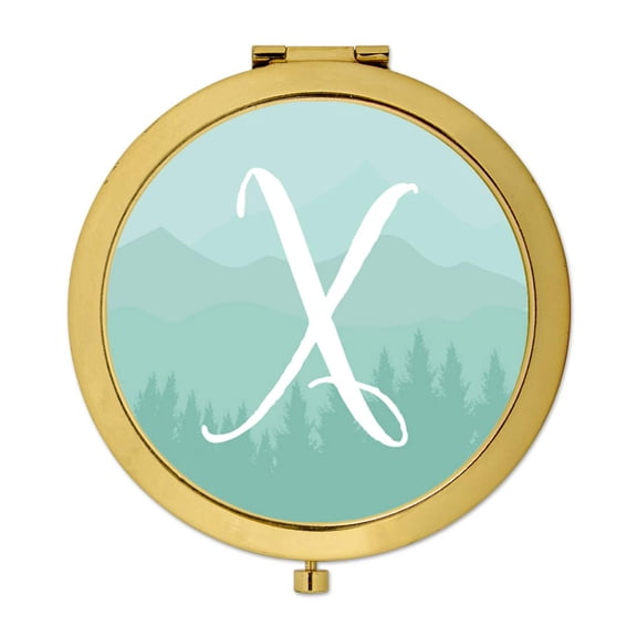 Koyal Wholesale Gold Compact Mirror Bridesmaid's Wedding Gift, Aqua Watercolor Rustic Trees, Monogram Letter X, 1-Pack