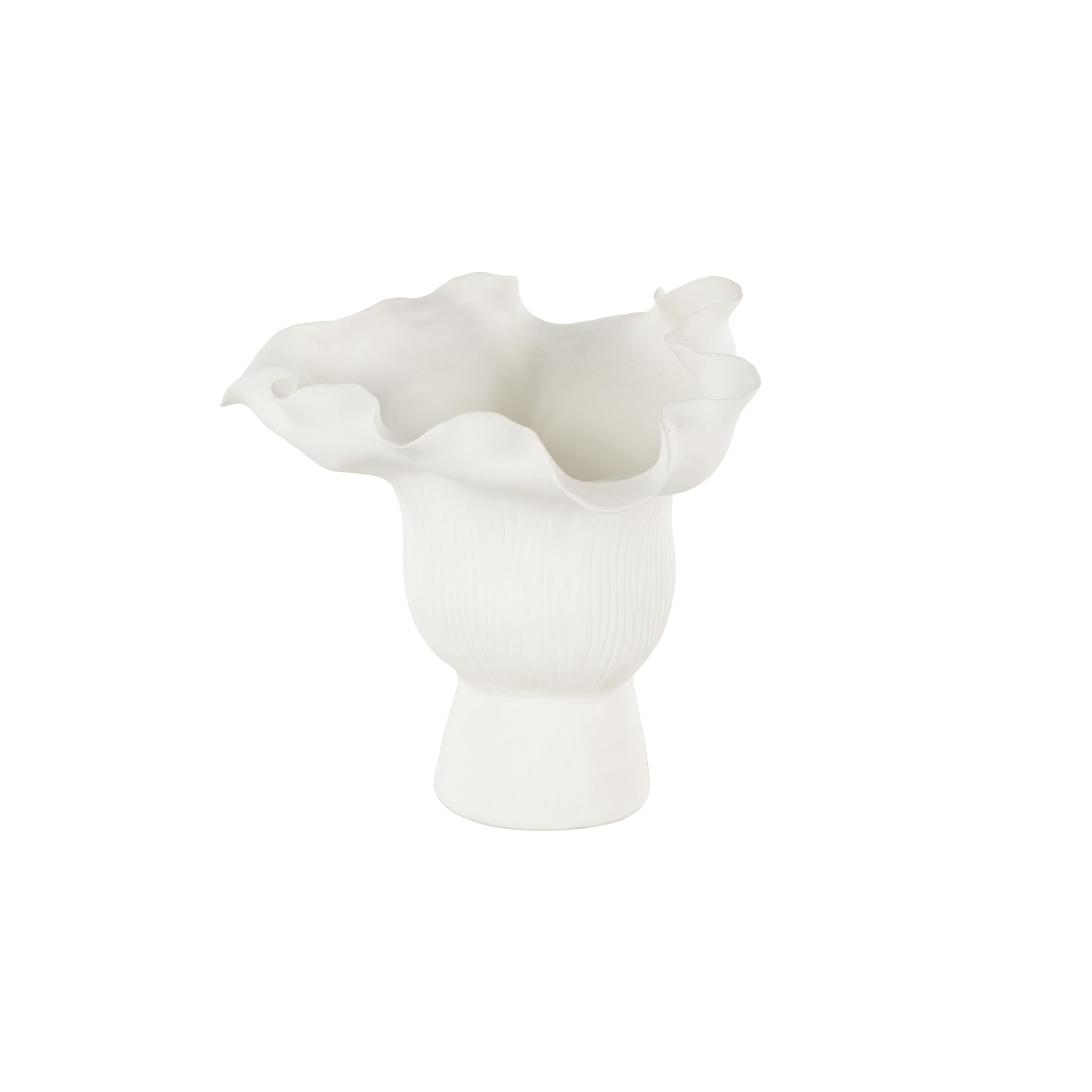 DecMode 8" Abstract Floral Inspired White Ceramic Vase with Wavy Folded Rim and Linear Grooves