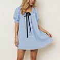 thumbnail image 2 of Women Gingham Mini Dress Puff Short Sleeve Bow Tie Square Neck Plaid Dress Summer Casual A-Line Babydoll Short Dress, 2 of 6
