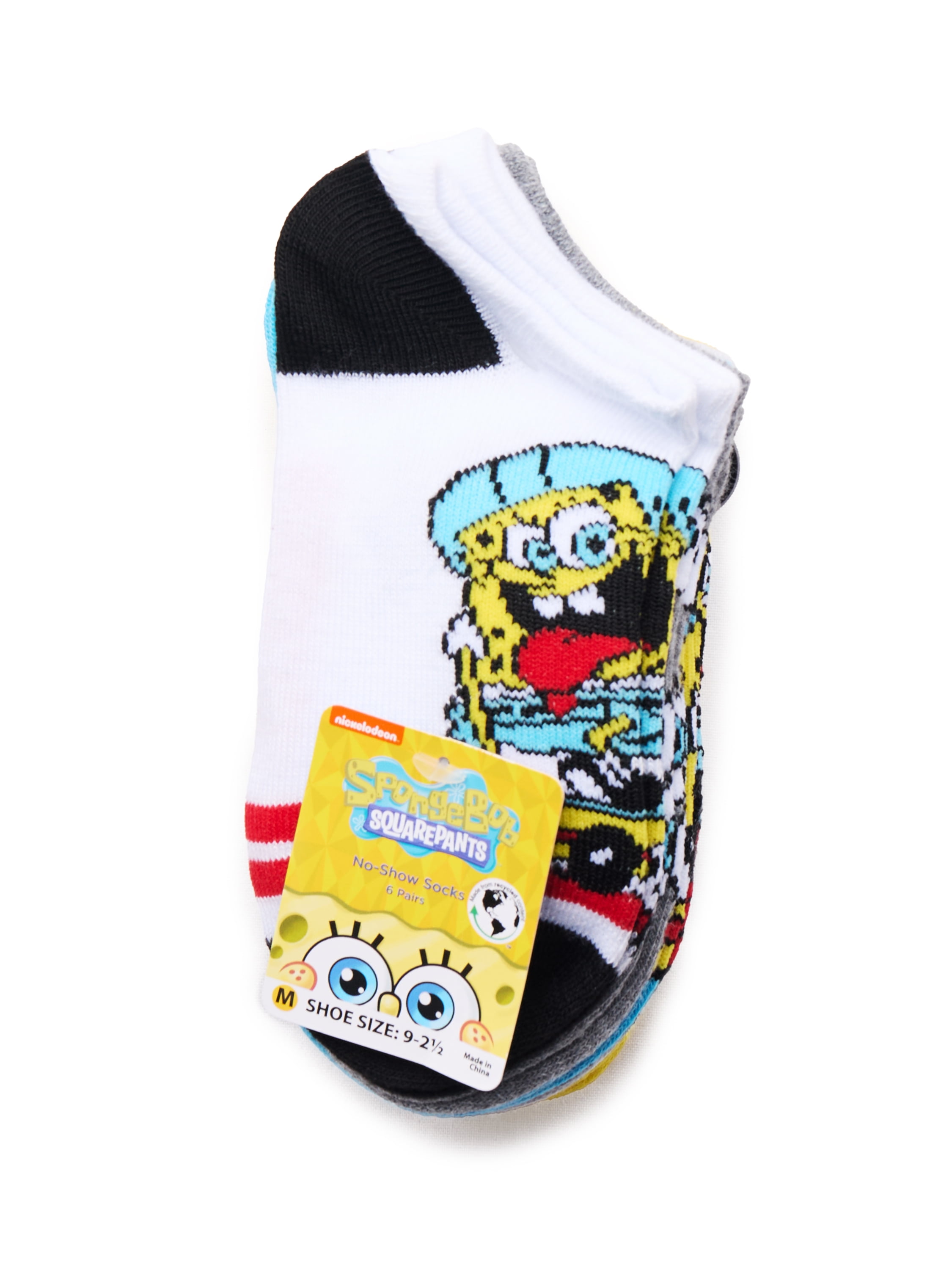 SpongeBob SquarePants Boys No-Show Socks, 6-Pack, Sizes S-L