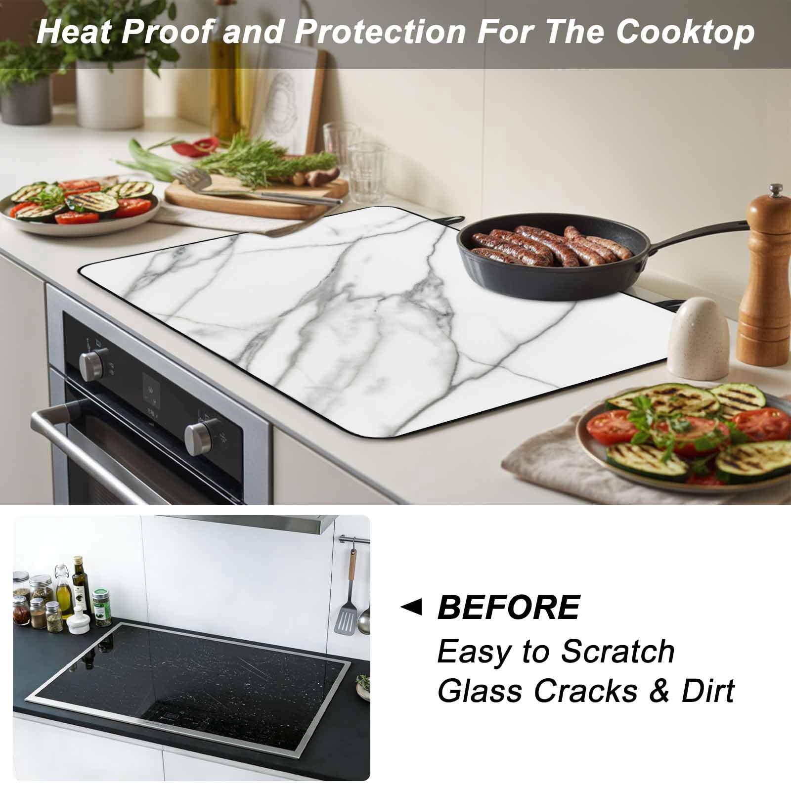 Marble White Stove Top Cover for Electric Stove, Heat-proof & Non Slip Glass Top Stove Cover Protector, Ombre Grey Modern Minimalist Kitchen Flat Cooktop Rubber Mat 24x21 Inches