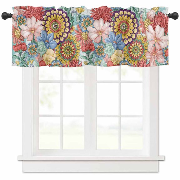 Rod Pocket Window Valances Boho Abstract Farmhouse Flower Short Kitchen Curtains Vintage Green Leaves Window Treatment Drapes for Bedroom Bathroom Living Room 54x18In,1 Panel