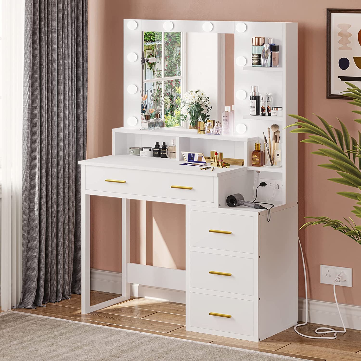 White Vanity Desk Table with Lighted Mirror & Charging Station & 5 