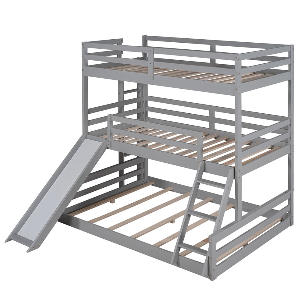 Kadyn Twin over Twin over Full Triple Bunk Bed with Convertible Ladder and Slide,Gray