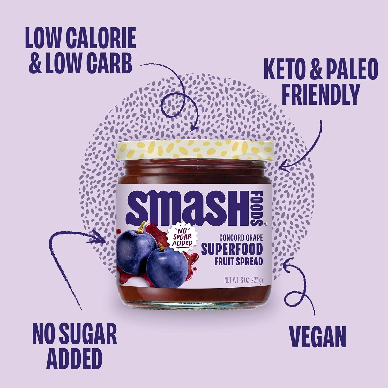 Smash Foods, Grape Jam, No Sugar Added, Low-Calorie, Vegan (1 Jar)