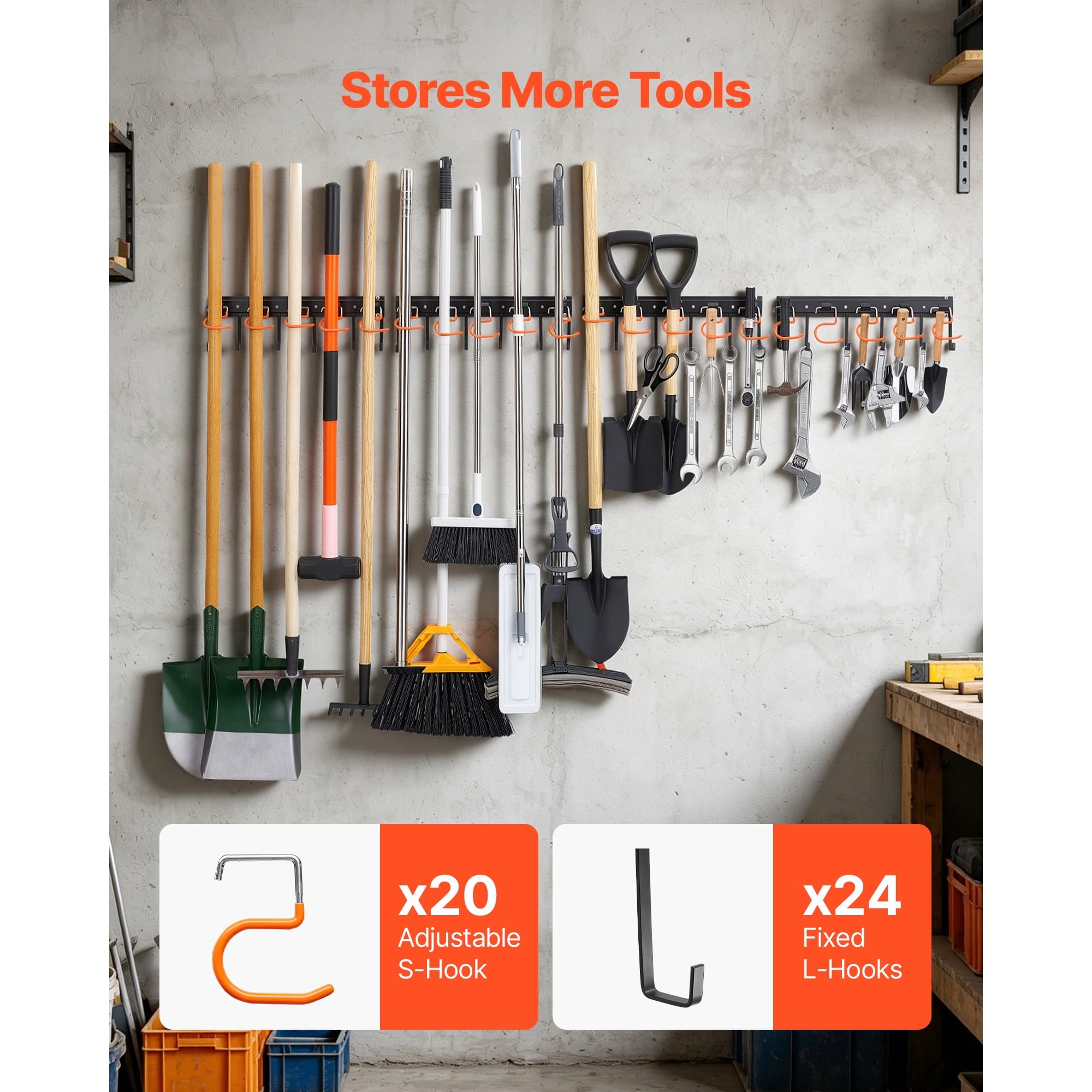 KFFKFF Garage Tool Organizer 68 Inch 450 lbs Wall-Mounted Storage Rack, Durable Hanging System with 4 Rails, 24 Fixed L-Hooks,and 20 Adjustable S-Hooks for Garden Tools,Shovels, and Shed Organization