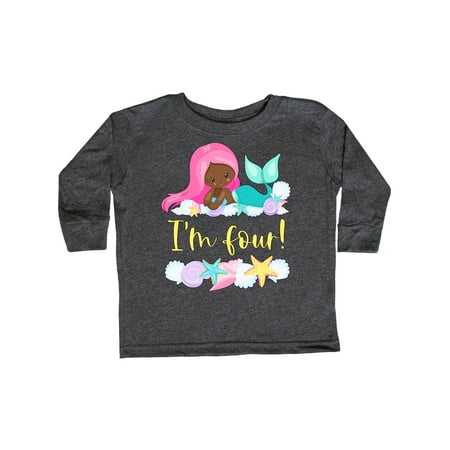 

Inktastic I m 4 Mermaid with Pink Hair and Shells Gift Toddler Boy or Toddler Girl Long Sleeve T-Shirt