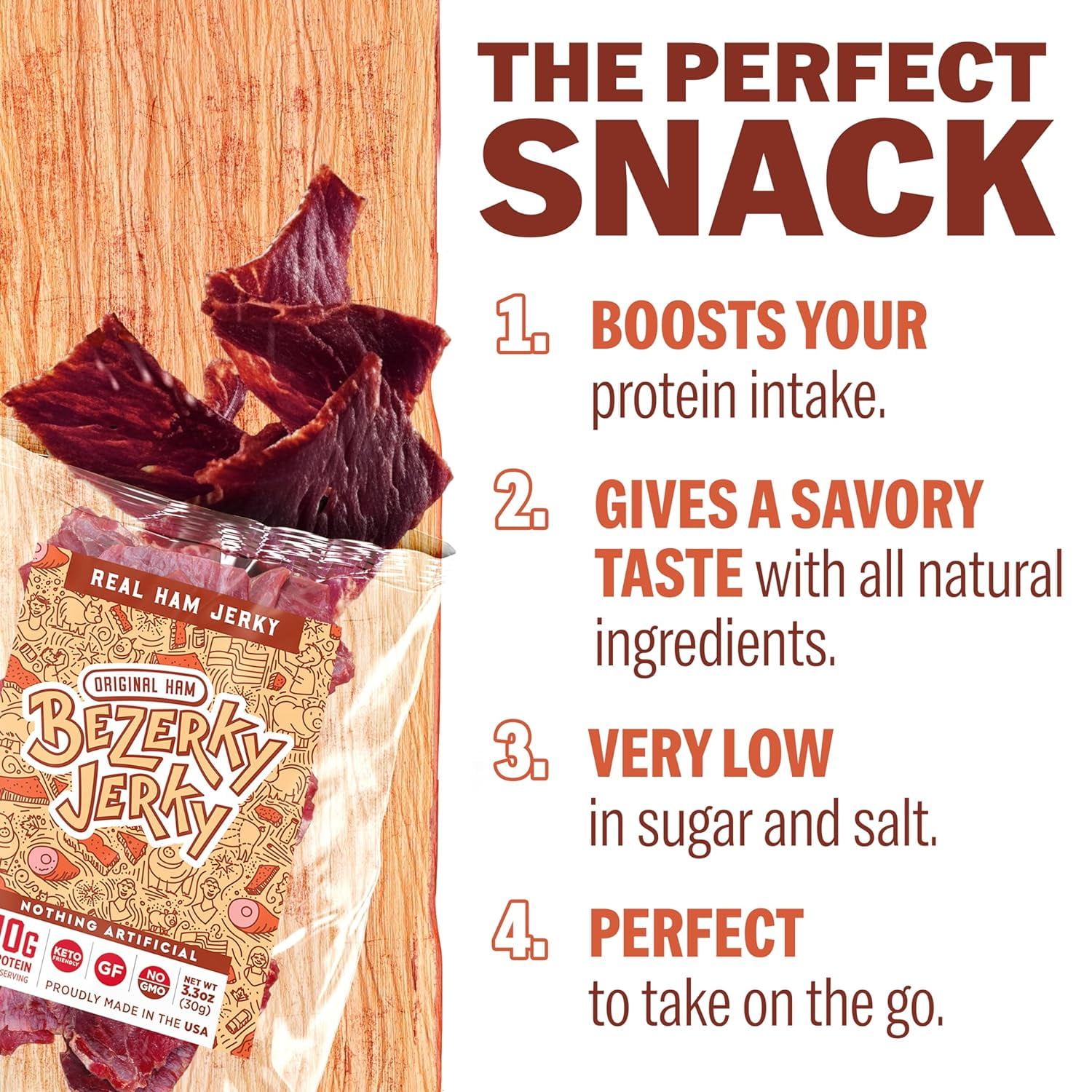 Bezerky Jerky All-Natural Premium Ham Jerky, Keto-Friendly, Made in the USA, Gluten-Free, Non-GMO, Low Carbs, High Protein Snacks, Old Fashioned Recipe, 3.3 Oz (Pack of 3)