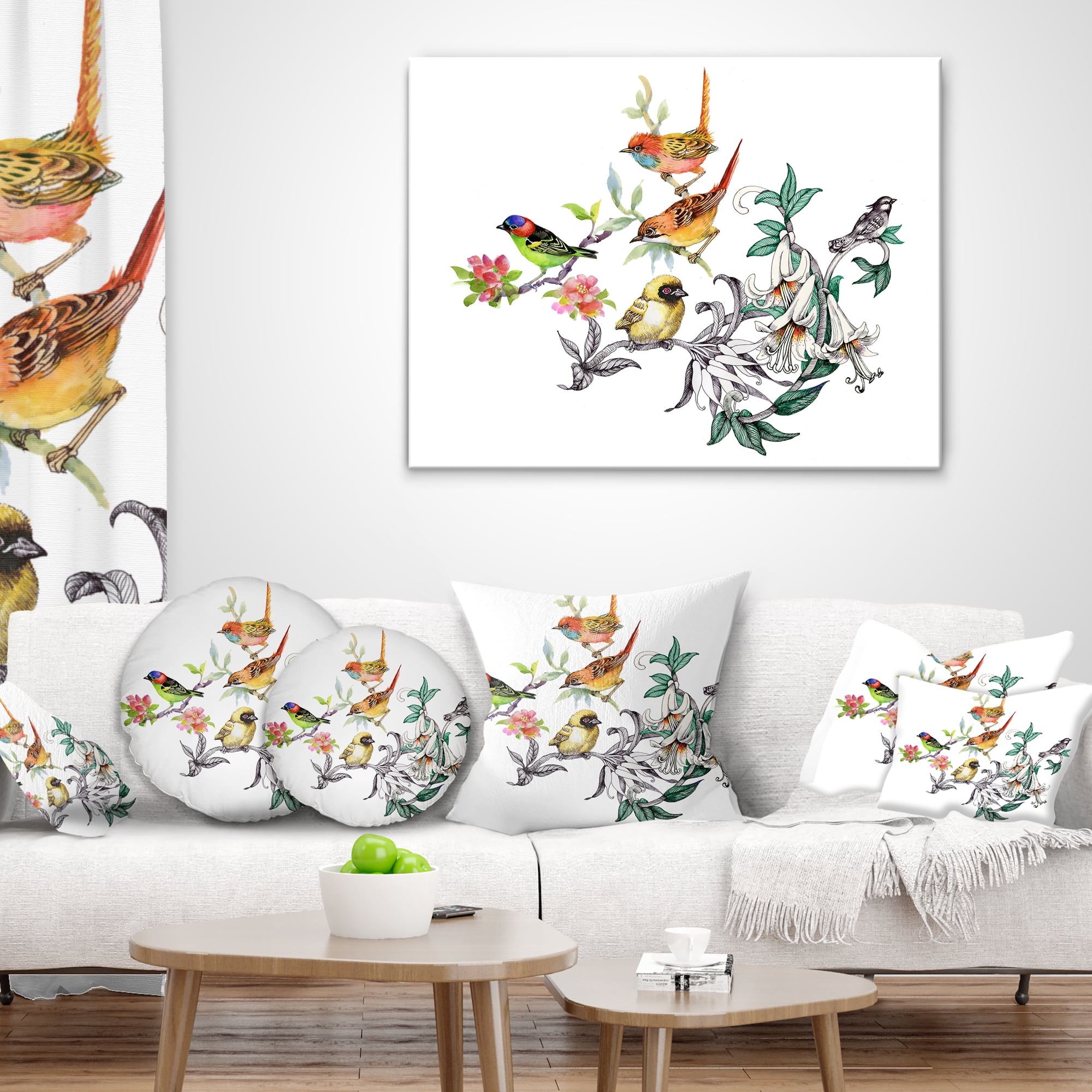 Designart Tropical Flowers and Birds - Birds Throw Pillow - 18x18