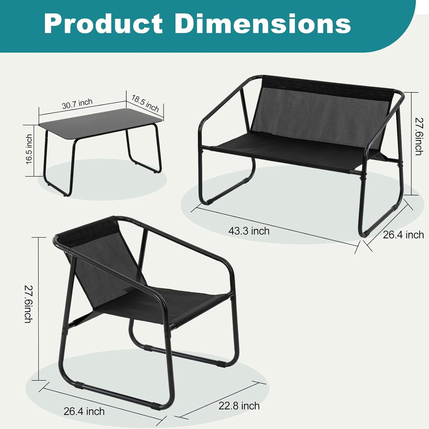 Atilioo 4 Piece Patio Furniture Set, Textilene Outdoor Furniture Set with Chairs & Table, Conversation Set for Lawn, Garden, Balcony, Yard, Poolside, Black