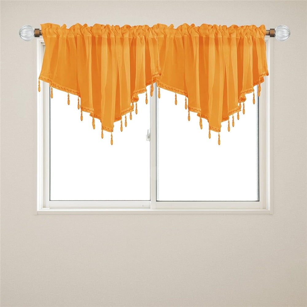 2 pack Beaded Sheer Windows Valance 51.2 in W x 23.6 in L, Scalloped Kitchen Curtain, Bathroom Swag Sheer with Rod Pocket, Short Valance Drape for Bedroom Living Room