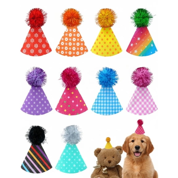 10 Pack Mini Party Hats for Small Dog Birthday Stuffed Animals Puppy Cats Adjustable Headband Colorful Holiday Felt Hats Kitten Pet Grooming Costume Accessories