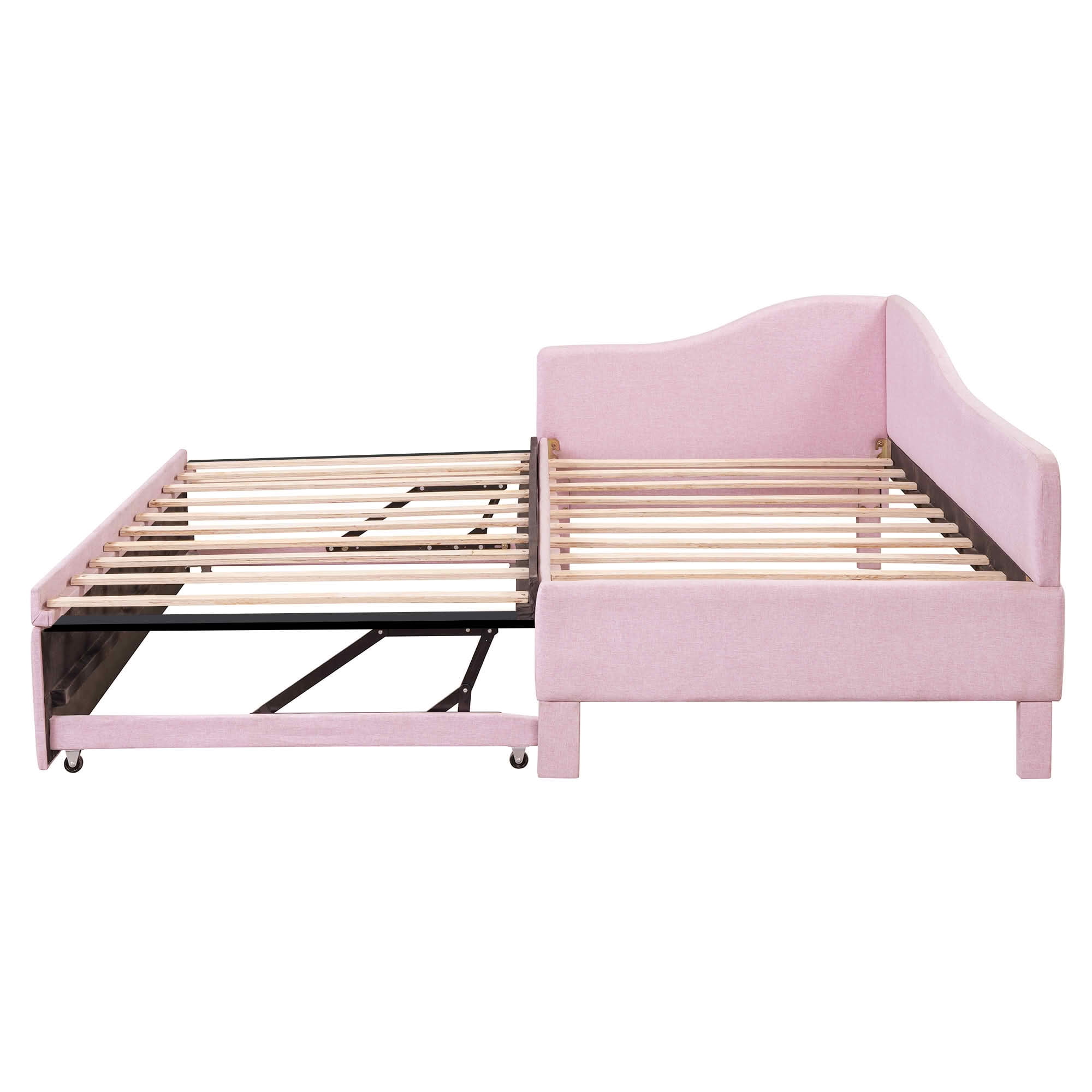 MAYEERTY L-Shaped Linen Upholstered Daybed with Twin to King Expandable Trundle, No Box Spring Needed
