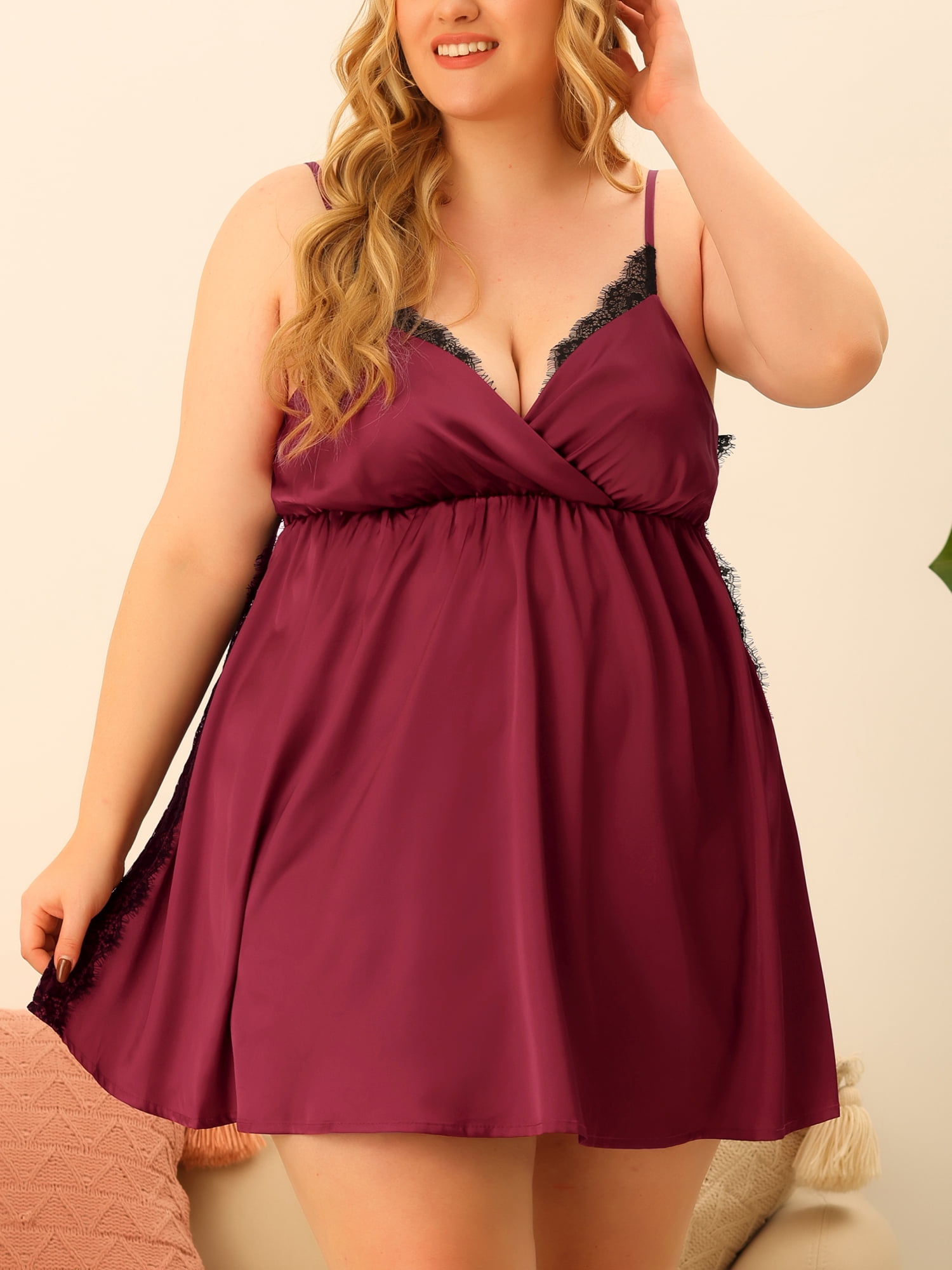 Unique Bargains Women's Plus Size Camisole Side Lingerie Nightgowns 4X Burgundy