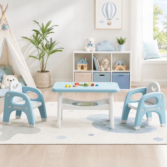 DOREROOM Kids Table and Chair Set, Plastic Children Activity Table with 2 Chairs, Toddler Table and Chair Set for Reading, Drawing, Snack Time, Arts Crafts, Preschool, Gift for Boys Girls