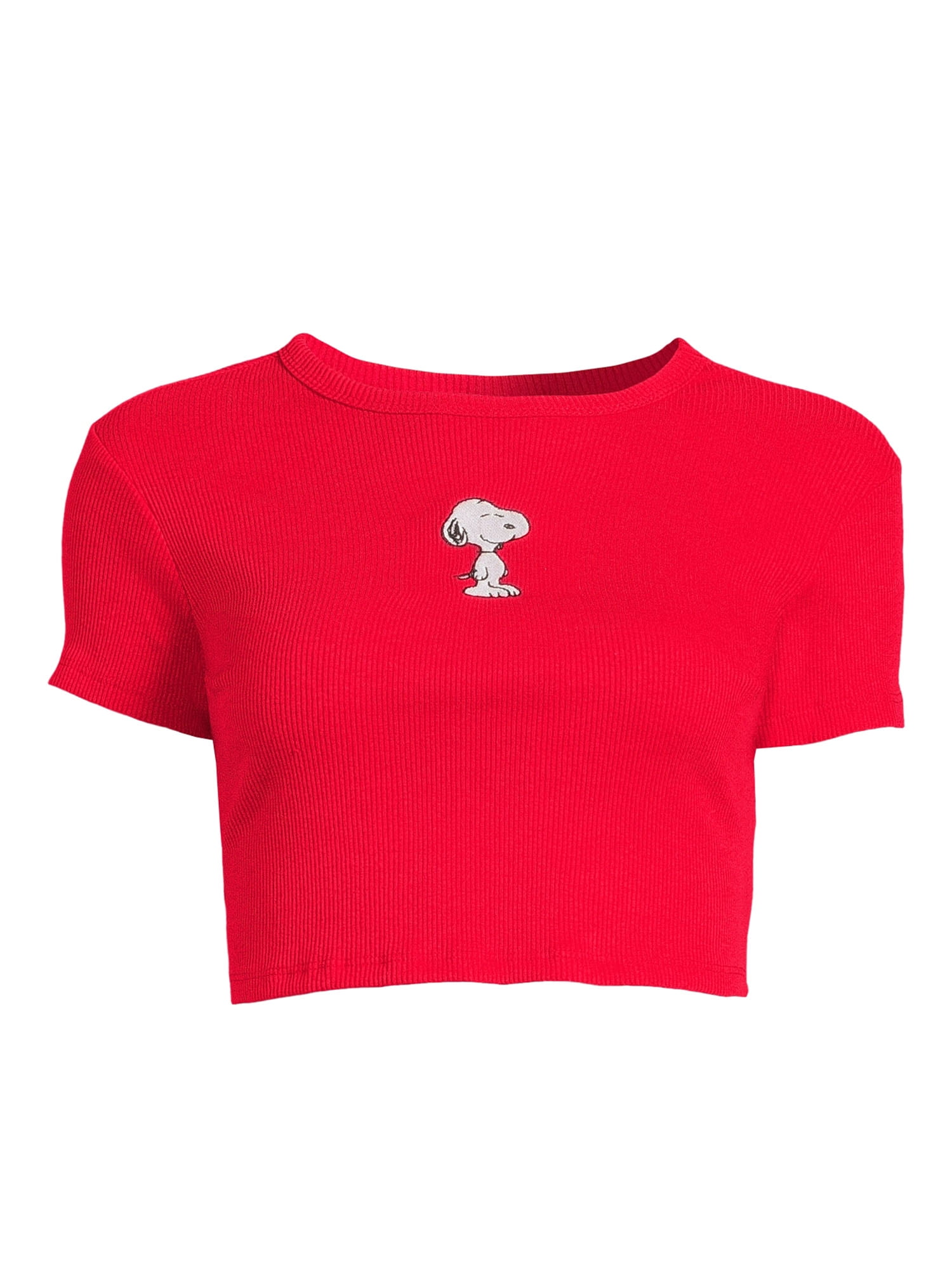 Snoopy Women's Juniors' Cropped Ribbed Short Sleeve Graphic Tee