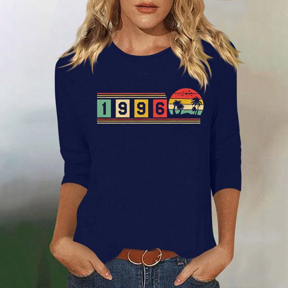 HOMBOM Womens Summer Tops Graphic T-Shirts 3/4 Sleeve Retro 1996 Print Blue Casual Graphic Tees for Ladies