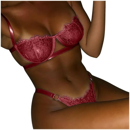 

wendunide underwear women Ladies y Lace Wrap Chest Strap y Perspective Temptation Underwear Set Wine M