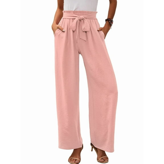 Women'S Wide Leg Lounge Pants with Pockets High Waisted Adjustable Tie Knot Loose Trousers Pink XXL