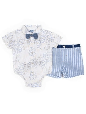Short Sleeve Printed Button Up Bodysuit, Stripe Oxford Short & Chambray Bowtie, 3pc Outfit Set (Baby Boys)