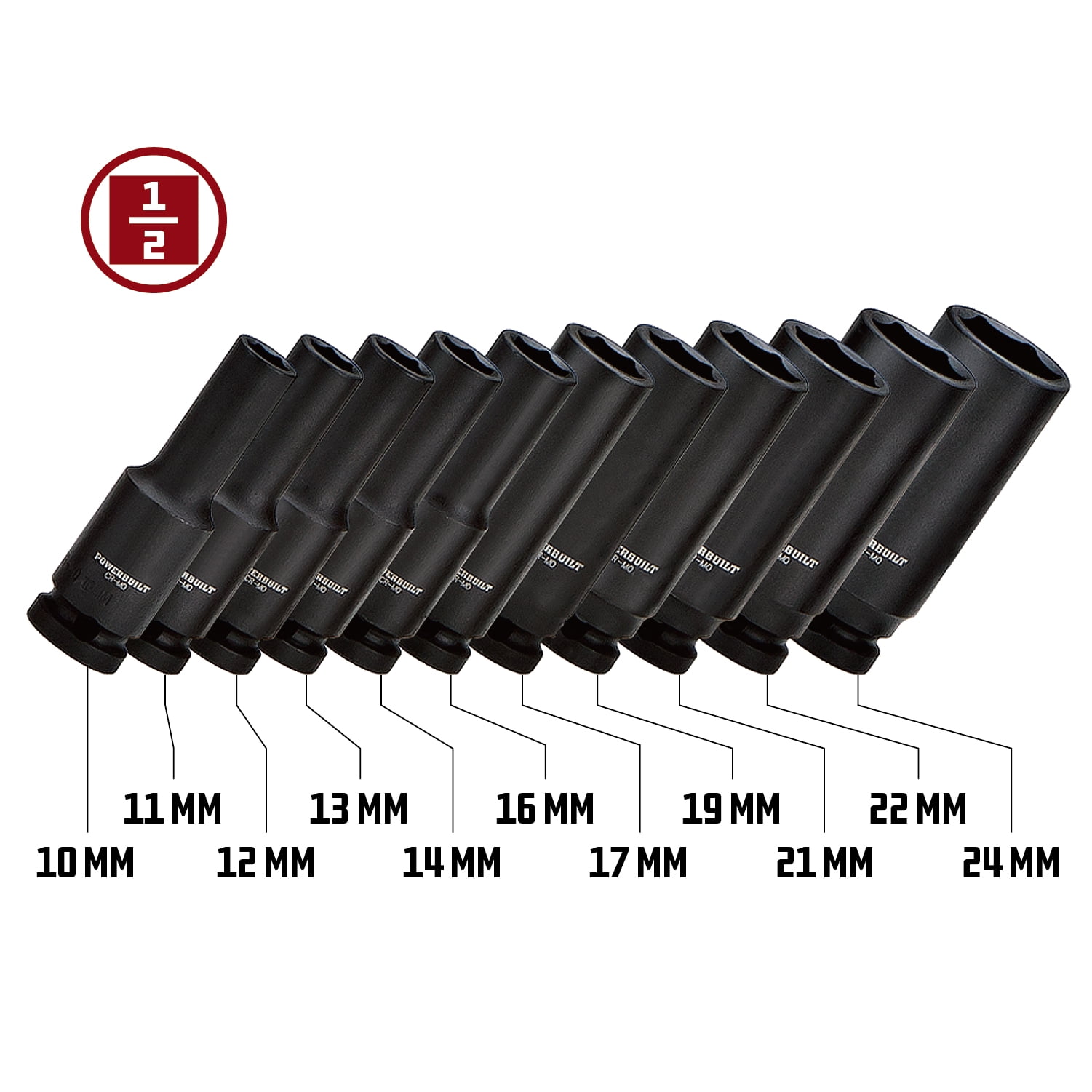 Powerbuilt 11 Piece 1/2 Inch Drive 6 Point Metric Deep Impact Socket Set - 647048