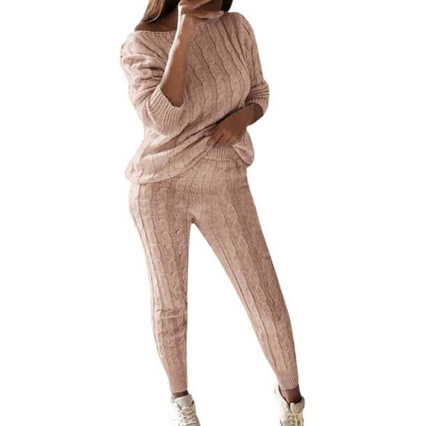 Gibobby Conjunto de sudadera informal para mujer Conjuntos casuales de suéter de punto de cable para mujer elegantes y cálidos para otoño e invierno(Rosa,XL)