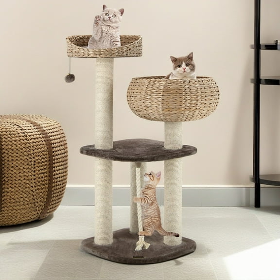 Pefilos 41" Modern Cat Tree Tower for Indoor Cats with Natural Sisal Scratching Posts, Rattan Top Perch, Cat Condo for Kittens Climb Play, Brown