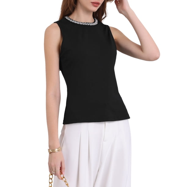 INSPIRAR CHIC Blusa sin mangas de verano para mujeres, blusas de tanque con cuentas, casual, trabajo, oficina, M negro
