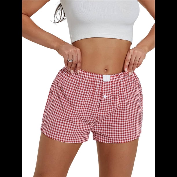 Pantalones Cortos de Pijama A Cuadros Y2K para Mujer, Tipo Bóxer Elástico, Estilo Urbano Rojo XL
