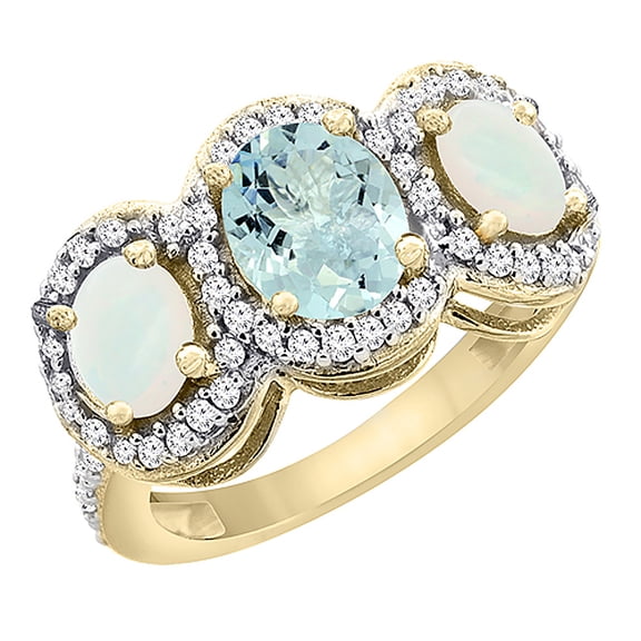 14K Yellow Gold Natural Aquamarine & Opal 3-Stone Ring Oval Diamond Accent, size 6.5
