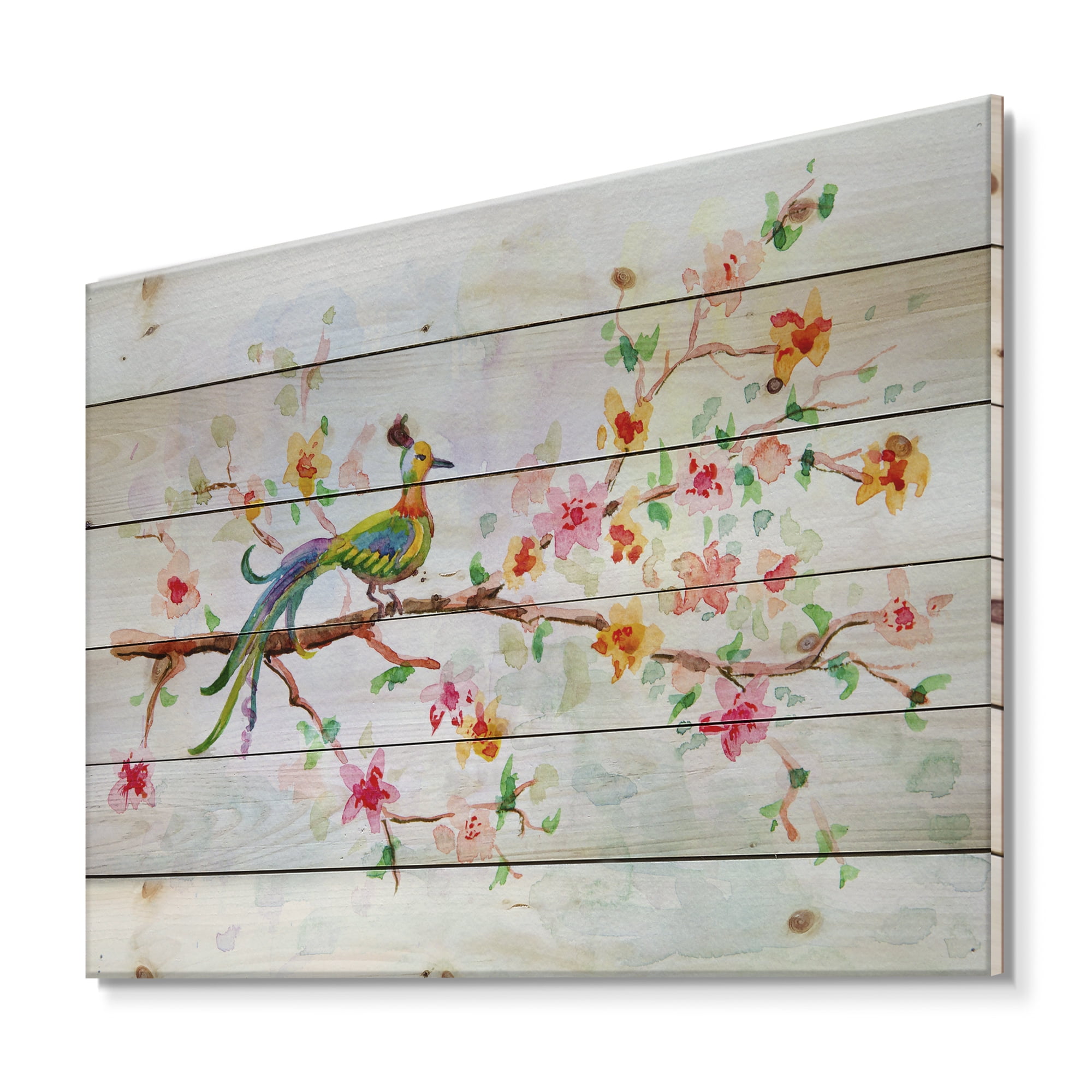 Designart 'Little Bird Sitting On Blooming Branch' Traditional Print on Natural Pine Wood
