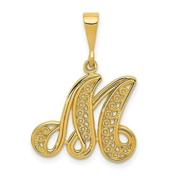 Finest Gold 14K Yellow Gold Polished Script Filigree Letter M Initial Pendant
