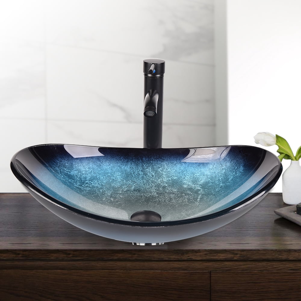 FULLWATT Boat Shape Bathroom Artistic Glass Vessel Sink Free Oil Rubbed Bronze Faucet and Pop-up Drain,Blue
