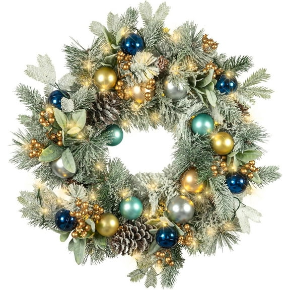 Red Co 22" Decorative Snow-Flocked Artificial Light-Up Christmas Wreath Battery Blue/Gold