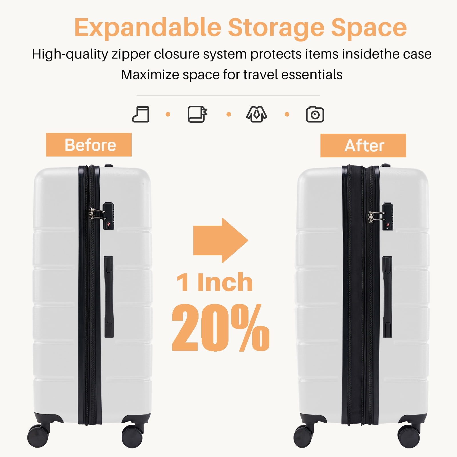 Taoset 20" + 24" + 28"Inch Expandable Hard Shell  Luggage Set, ABS Suitcase with Dual Spinner Wheels, TSA Locks, 3-Piece Spinner Suitcase Set, White